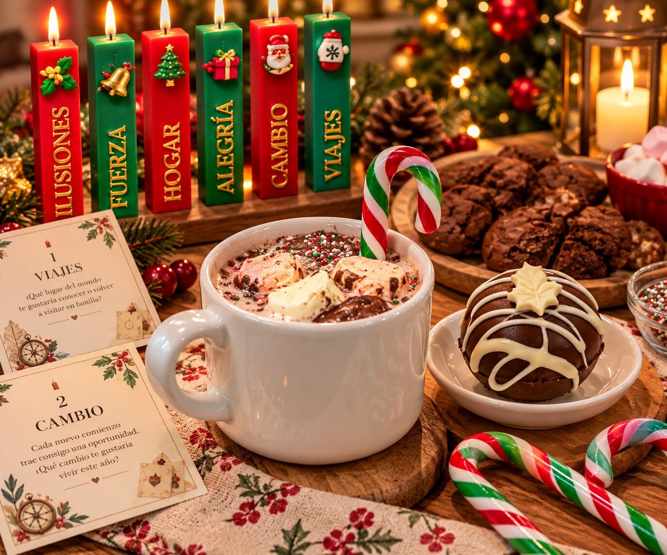 Taza de chocolate con malvaviscos y bastón de caramelo, junto a una bomba de chocolate, galletas, las seis velitas encendidas y dos tarjetas del kit